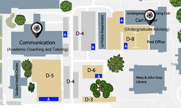 map indicating location of academic coaching and tutoring in the Communication Building and undergraduate advising in the Carl Parker Building