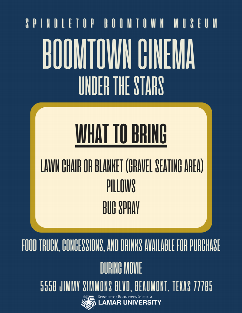 Boomtown Cinema: What To Bring. Lawn chair or blanket for gravel seating area, pillows, bug spray. Food truck, concessions, and drink available for purchase during movie.