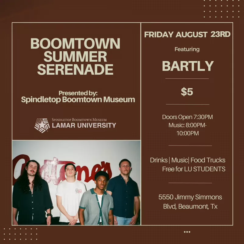 Boomtown Summer Serenade featuring BARTLY. August 23, doors open at 7:30pm, music from 8 to 10pm. $5 admission fee, free for LU students. Drinks, music, food trucks available.
