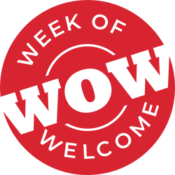 wow week of welcome red circular logo