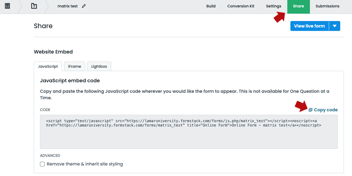 formstack embed page with arrow pointing to green share box and arrow pointing to embed this form on your website javascript field