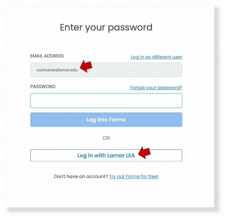 welcome screen for formstack with arrows pointing to username field and link to sign in with lamar lea